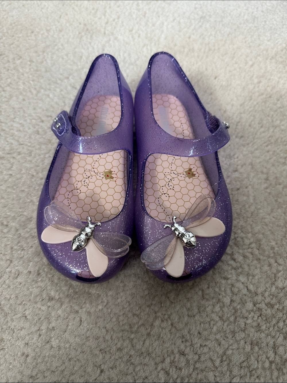 Mini Melissa Glitter Purple Jelly Mary Janes with Bee Charms